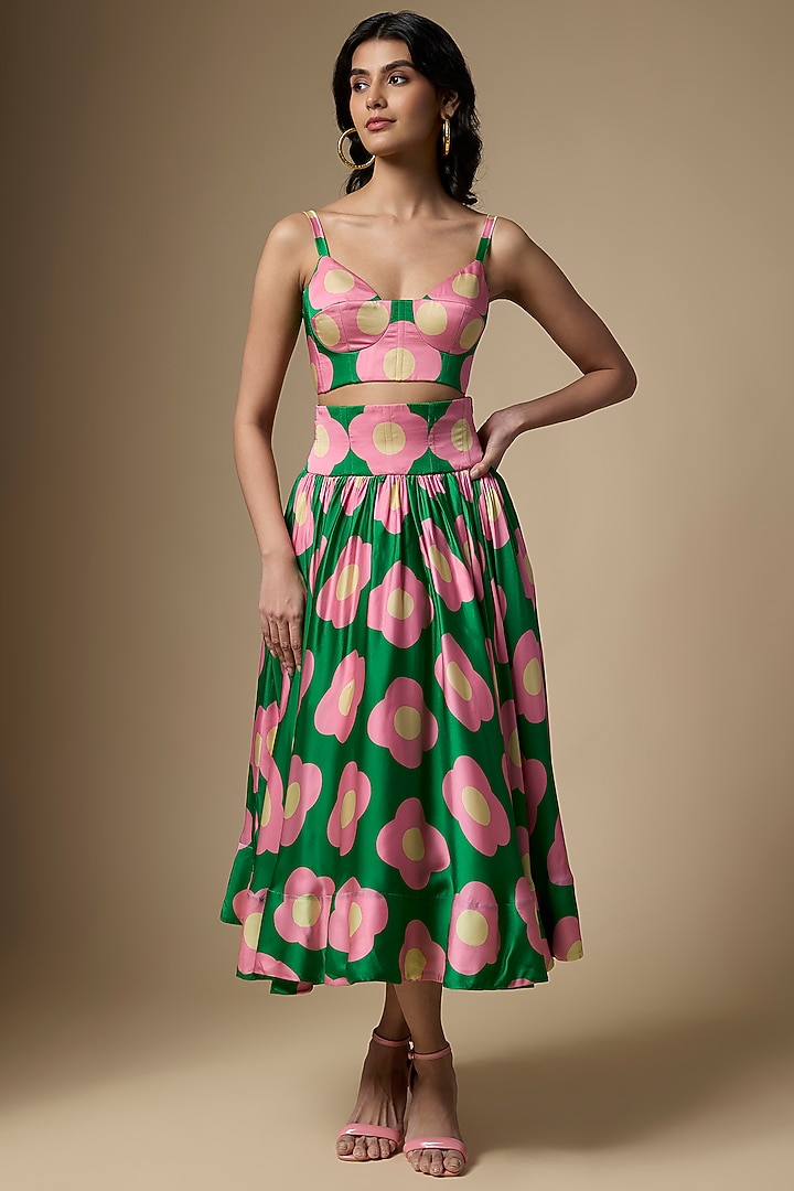 Green & Pink Pure Satin Silk Floral Printed Skirt Set by Ranbir Mukherjee at Pernia's Pop Up Shop