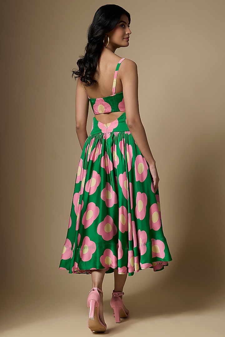 Green & Pink Pure Satin Silk Floral Printed Skirt Set by Ranbir Mukherjee at Pernia's Pop Up Shop
