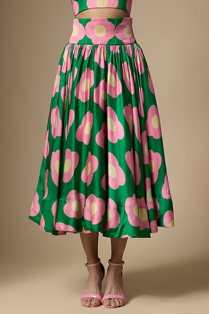 Green & Pink Pure Satin Silk Floral Printed Skirt Set by Ranbir Mukherjee at Pernia's Pop Up Shop