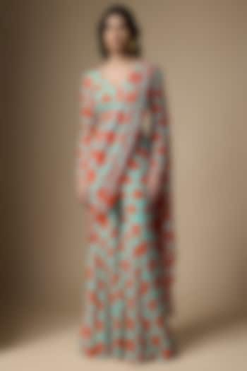 Mint Green & Orange Georgette Printed Sharara Party Wear Saree Set by Ranbir Mukherjee at Pernia's Pop Up Shop