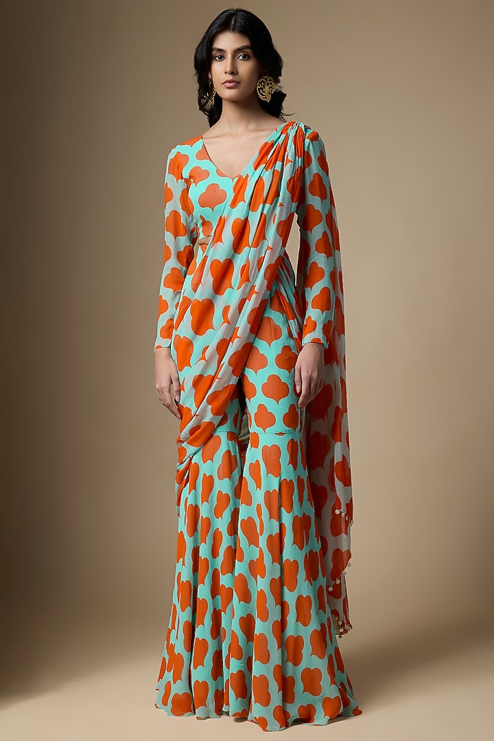 Mint Green & Orange Georgette Printed Sharara Party Wear Saree Set by Ranbir Mukherjee at Pernia's Pop Up Shop
