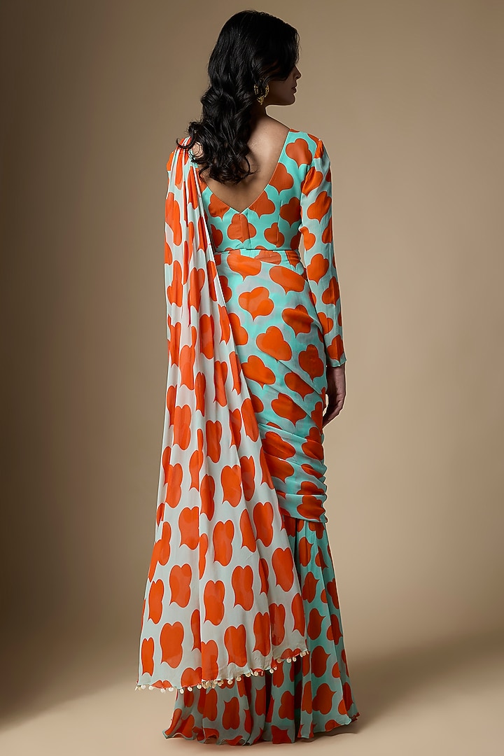 Mint Green & Orange Georgette Printed Sharara Party Wear Saree Set by Ranbir Mukherjee at Pernia's Pop Up Shop