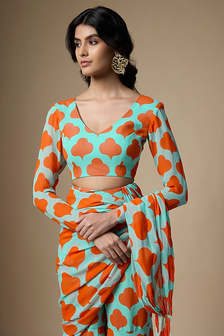 Mint Green & Orange Georgette Printed Sharara Party Wear Saree Set by Ranbir Mukherjee at Pernia's Pop Up Shop
