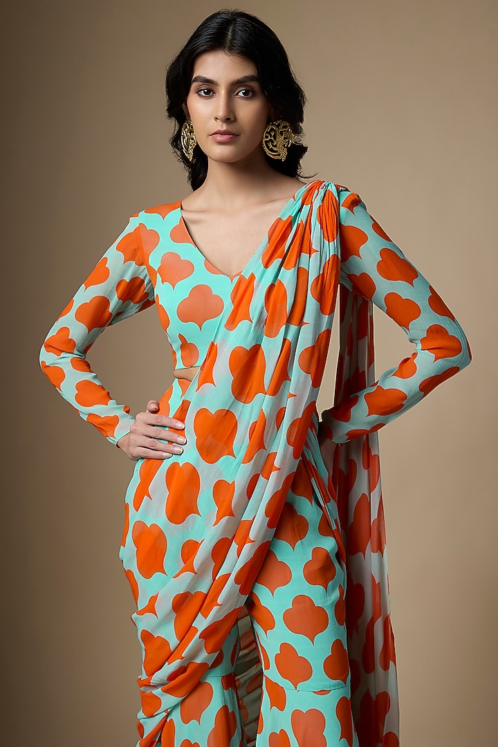 Mint Green & Orange Georgette Printed Sharara Party Wear Saree Set by Ranbir Mukherjee at Pernia's Pop Up Shop