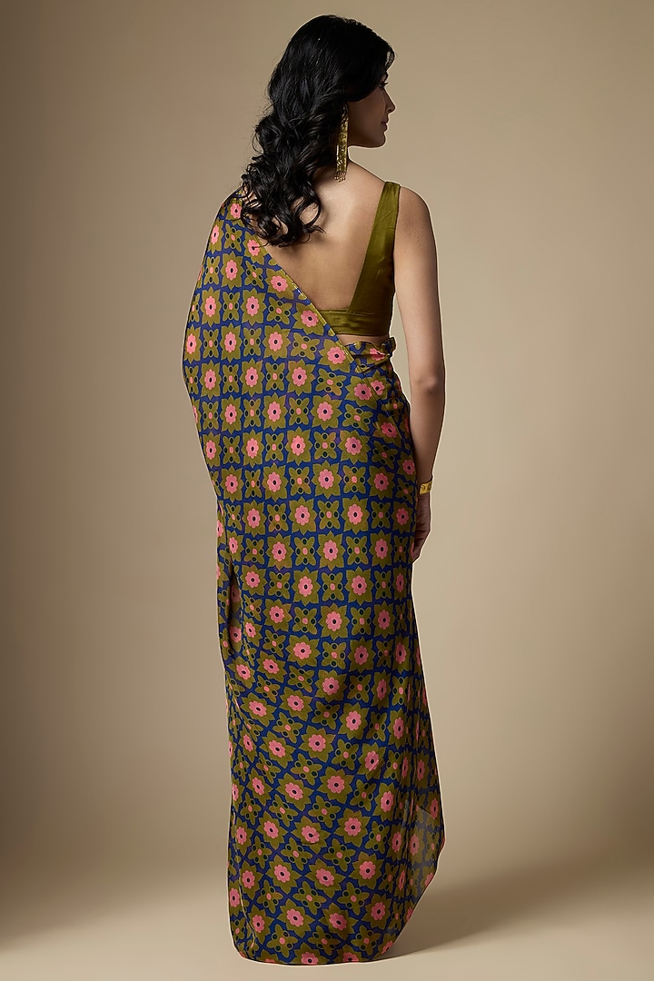 Green Pure Soft Organza Floral Printed Festive Saree Set by Ranbir Mukherjee at Pernia's Pop Up Shop