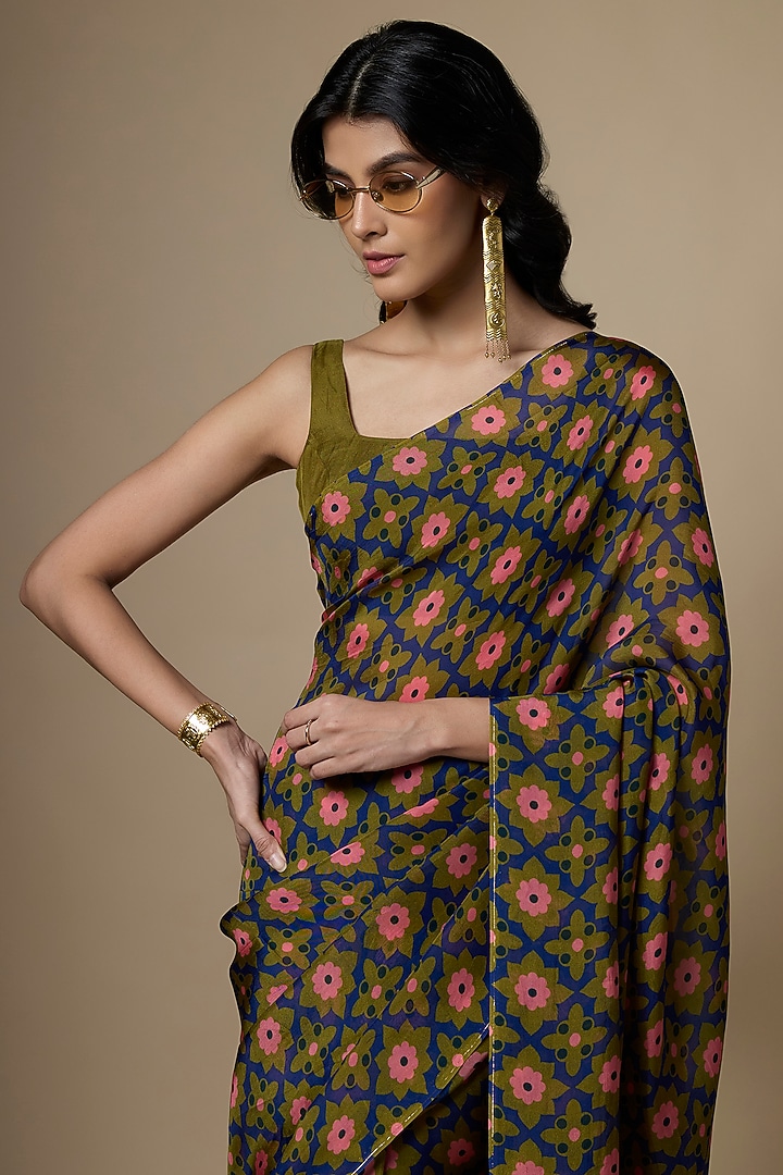 Green Pure Soft Organza Floral Printed Festive Saree Set by Ranbir Mukherjee at Pernia's Pop Up Shop