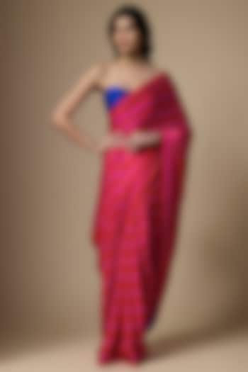 Multi-Colored Pure Satin Silk Stripe Printed Wedding Saree Set by Ranbir Mukherjee at Pernia's Pop Up Shop