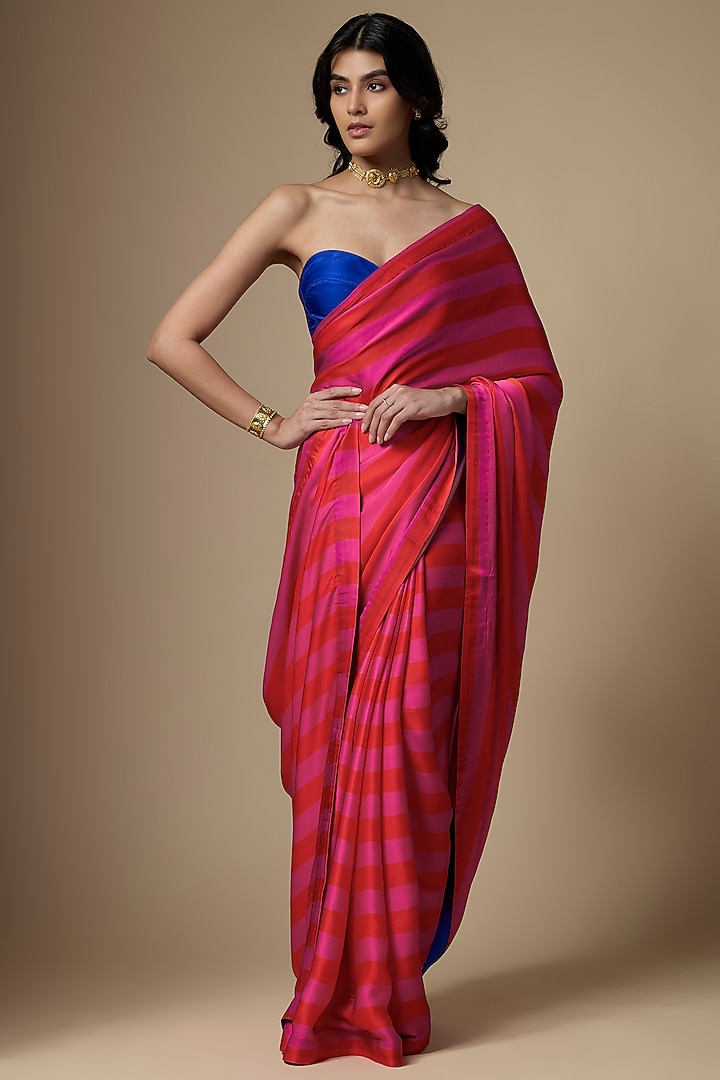 Multi-Colored Pure Satin Silk Stripe Printed Wedding Saree Set by Ranbir Mukherjee at Pernia's Pop Up Shop