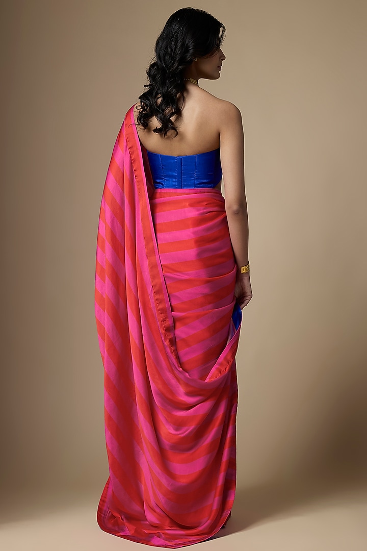 Multi-Colored Pure Satin Silk Stripe Printed Festive Saree Set by Ranbir Mukherjee at Pernia's Pop Up Shop