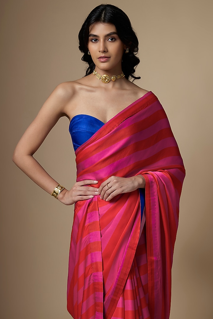 Multi-Colored Pure Satin Silk Stripe Printed Festive Saree Set by Ranbir Mukherjee at Pernia's Pop Up Shop