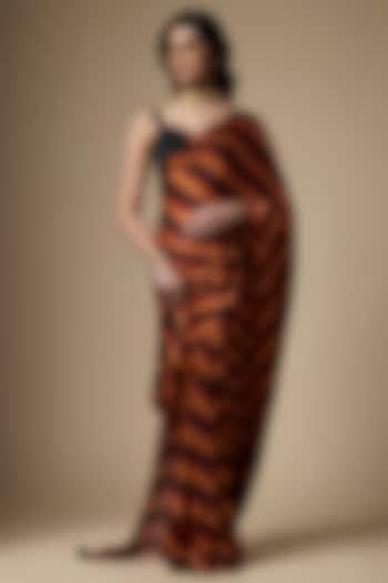 Multi-Colored Pure Satin Silk Stripe Printed Festive Saree Set by Ranbir Mukherjee at Pernia's Pop Up Shop