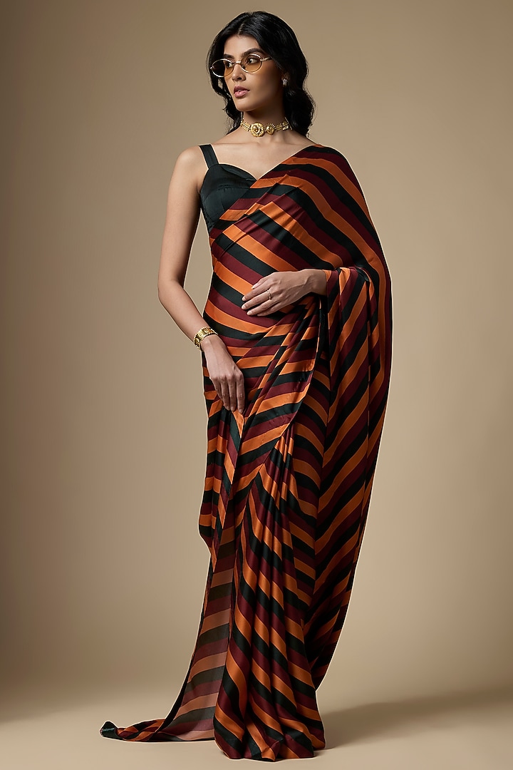 Multi-Colored Pure Satin Silk Stripe Printed Festive Saree Set by Ranbir Mukherjee at Pernia's Pop Up Shop