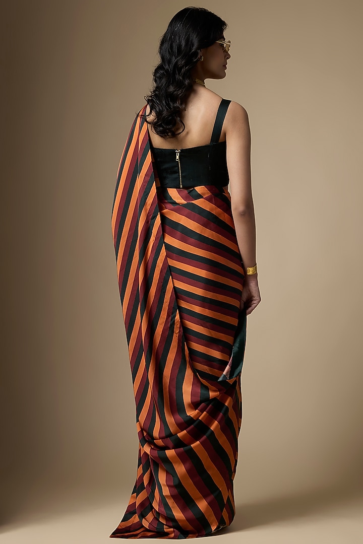 Multi-Colored Pure Satin Silk Stripe Printed Festive Saree Set by Ranbir Mukherjee at Pernia's Pop Up Shop