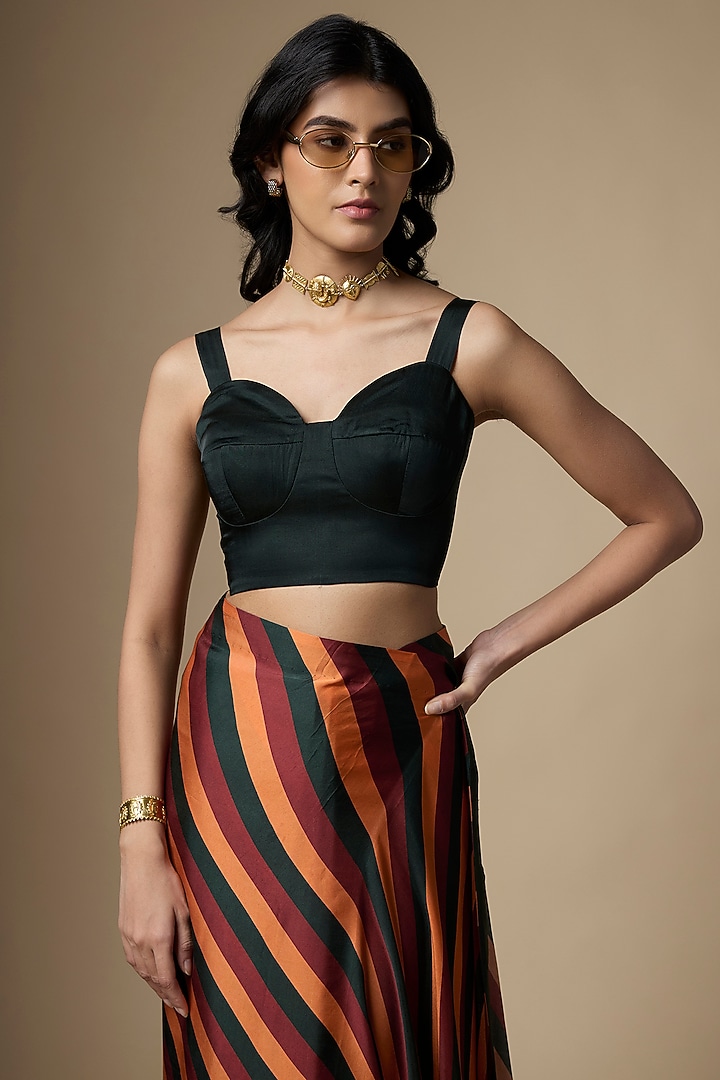 Multi-Colored Pure Satin Silk Stripe Printed Festive Saree Set by Ranbir Mukherjee at Pernia's Pop Up Shop