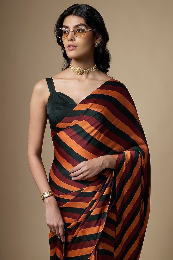Multi-Colored Pure Satin Silk Stripe Printed Festive Saree Set by Ranbir Mukherjee at Pernia's Pop Up Shop