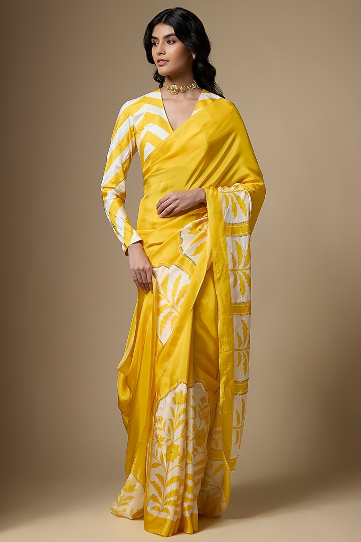 Yellow Pure Habutai Silk Printed Festive Saree Set by Ranbir Mukherjee at Pernia's Pop Up Shop