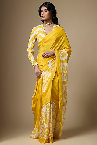 Yellow Pure Habutai Silk Printed Saree Set by Ranbir Mukherjee
