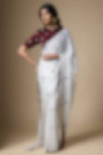 White & Maroon Pure Satin Silk Tulip Printed Wedding Saree Set by Ranbir Mukherjee at Pernia's Pop Up Shop