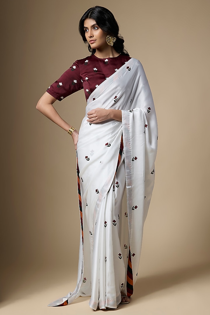 White & Maroon Pure Satin Silk Tulip Printed Wedding Saree Set by Ranbir Mukherjee at Pernia's Pop Up Shop