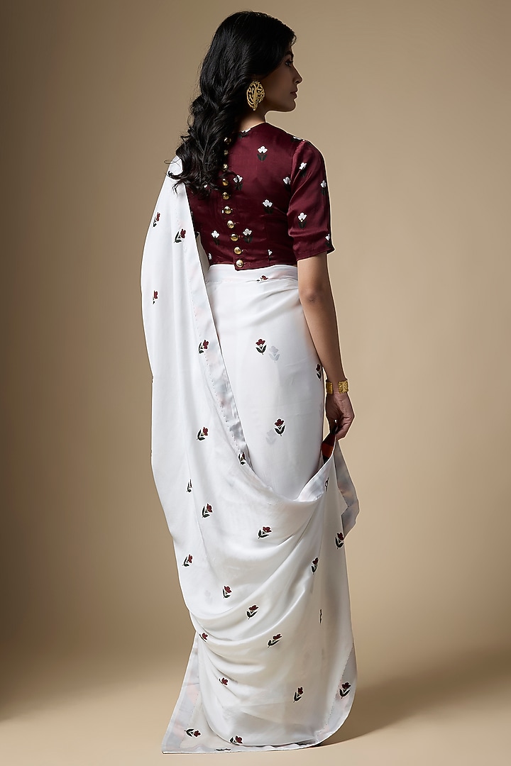 White & Maroon Pure Satin Silk Tulip Printed Party Wear Saree Set by Ranbir Mukherjee at Pernia's Pop Up Shop
