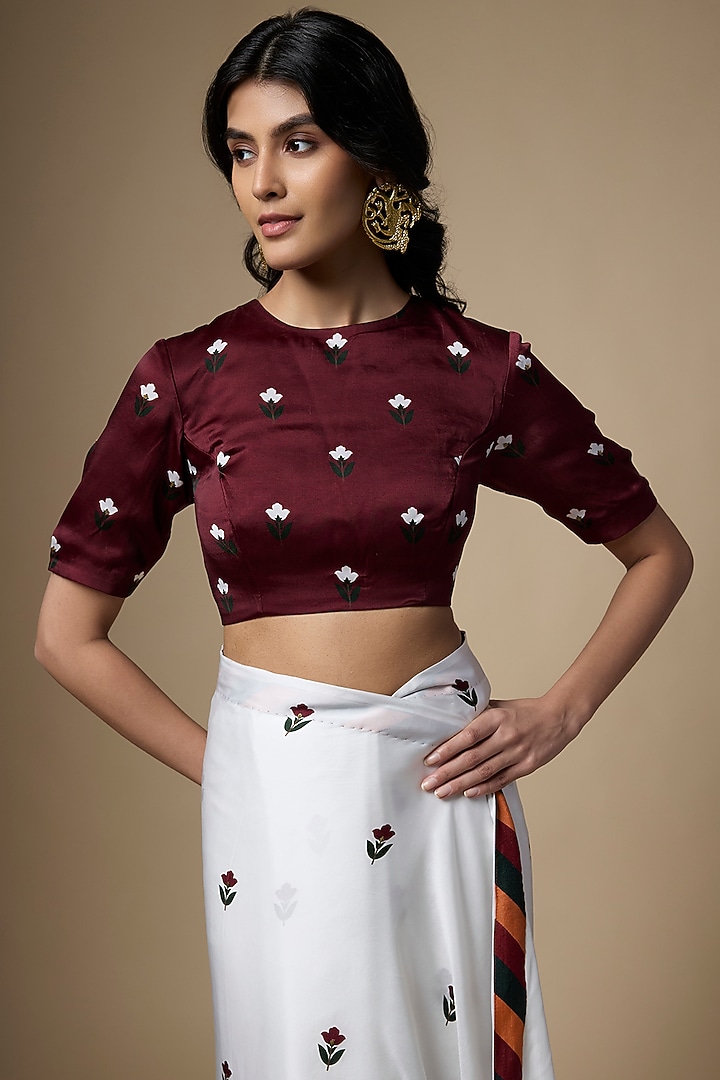 White & Maroon Pure Satin Silk Tulip Printed Party Wear Saree Set by Ranbir Mukherjee at Pernia's Pop Up Shop