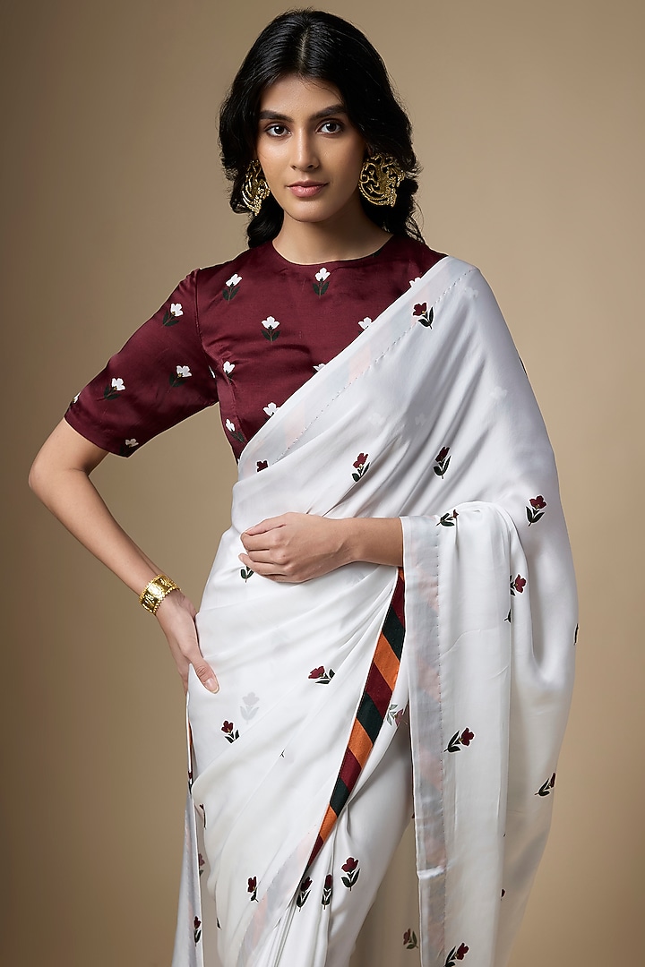 White & Maroon Pure Satin Silk Tulip Printed Party Wear Saree Set by Ranbir Mukherjee at Pernia's Pop Up Shop