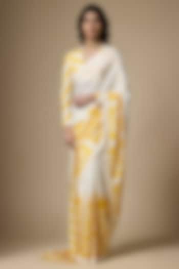 White & Yellow Pure Habutai Silk Printed Wedding Saree Set by Ranbir Mukherjee at Pernia's Pop Up Shop