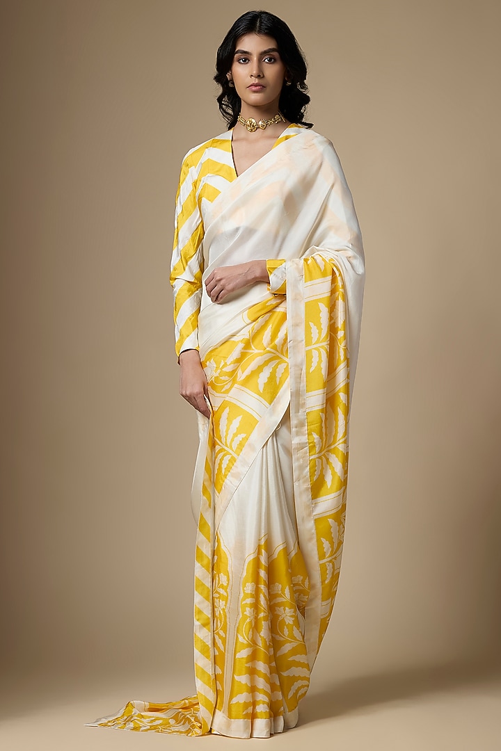 White & Yellow Pure Habutai Silk Printed Wedding Saree Set by Ranbir Mukherjee at Pernia's Pop Up Shop
