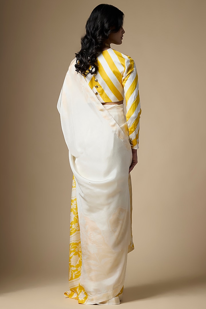 White & Yellow Pure Habutai Silk Printed Festive Saree Set by Ranbir Mukherjee at Pernia's Pop Up Shop