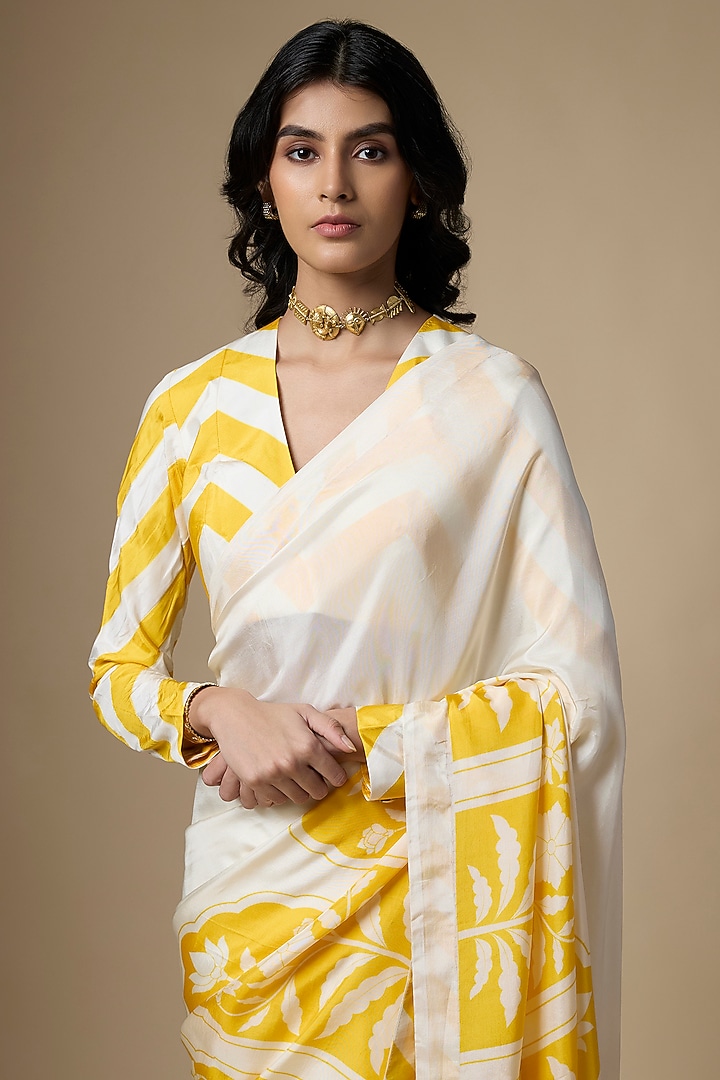 White & Yellow Pure Habutai Silk Printed Festive Saree Set by Ranbir Mukherjee at Pernia's Pop Up Shop