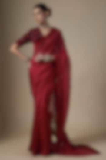 Red Pure Silk Organza Embroidered Wedding Saree Set by Ranbir Mukherjee at Pernia's Pop Up Shop