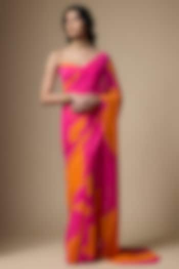 Pink & Orange Georgette Abstract Printed Festive Saree Set by Ranbir Mukherjee at Pernia's Pop Up Shop