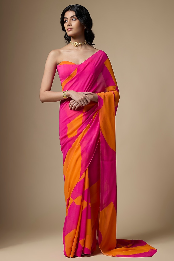 Pink & Orange Georgette Abstract Printed Festive Saree Set by Ranbir Mukherjee at Pernia's Pop Up Shop