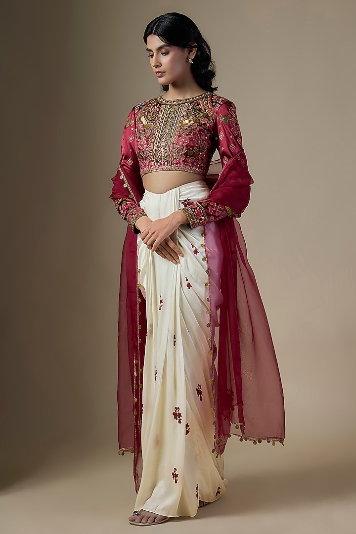 Black Pure Satin Silk Embroidered Draped Skirt Set by Ranbir Mukherjee at Pernia's Pop Up Shop