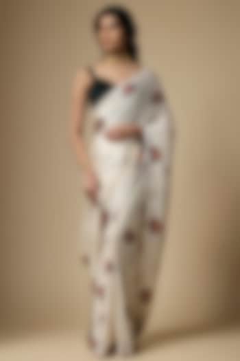 White Pure Satin Silk Motif Printed Wedding Saree Set by Ranbir Mukherjee at Pernia's Pop Up Shop