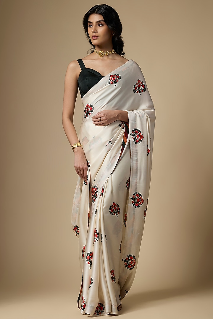 White Pure Satin Silk Motif Printed Wedding Saree Set by Ranbir Mukherjee at Pernia's Pop Up Shop