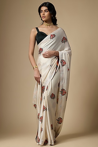White Pure Satin Silk Motif Printed Saree Set by Ranbir Mukherjee