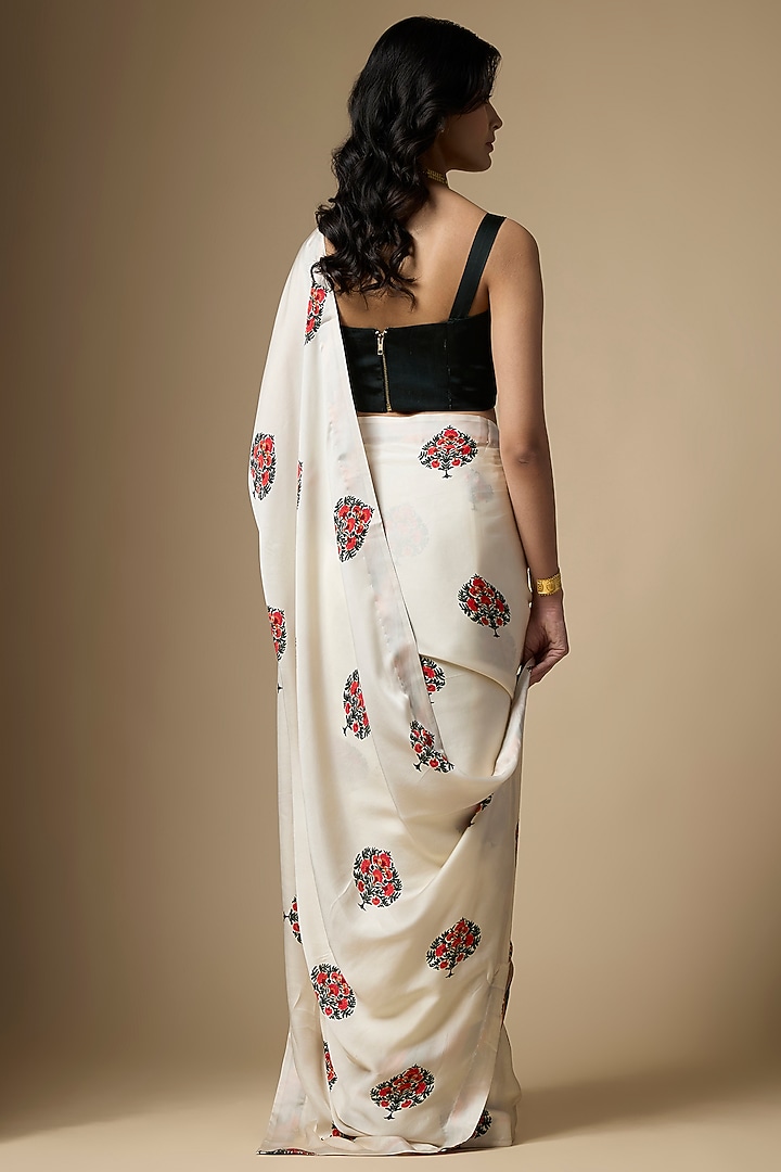 White Pure Satin Silk Motif Printed Festive Saree Set by Ranbir Mukherjee at Pernia's Pop Up Shop