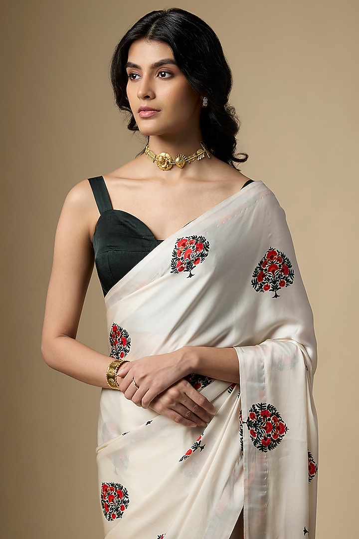 White Pure Satin Silk Motif Printed Festive Saree Set by Ranbir Mukherjee at Pernia's Pop Up Shop