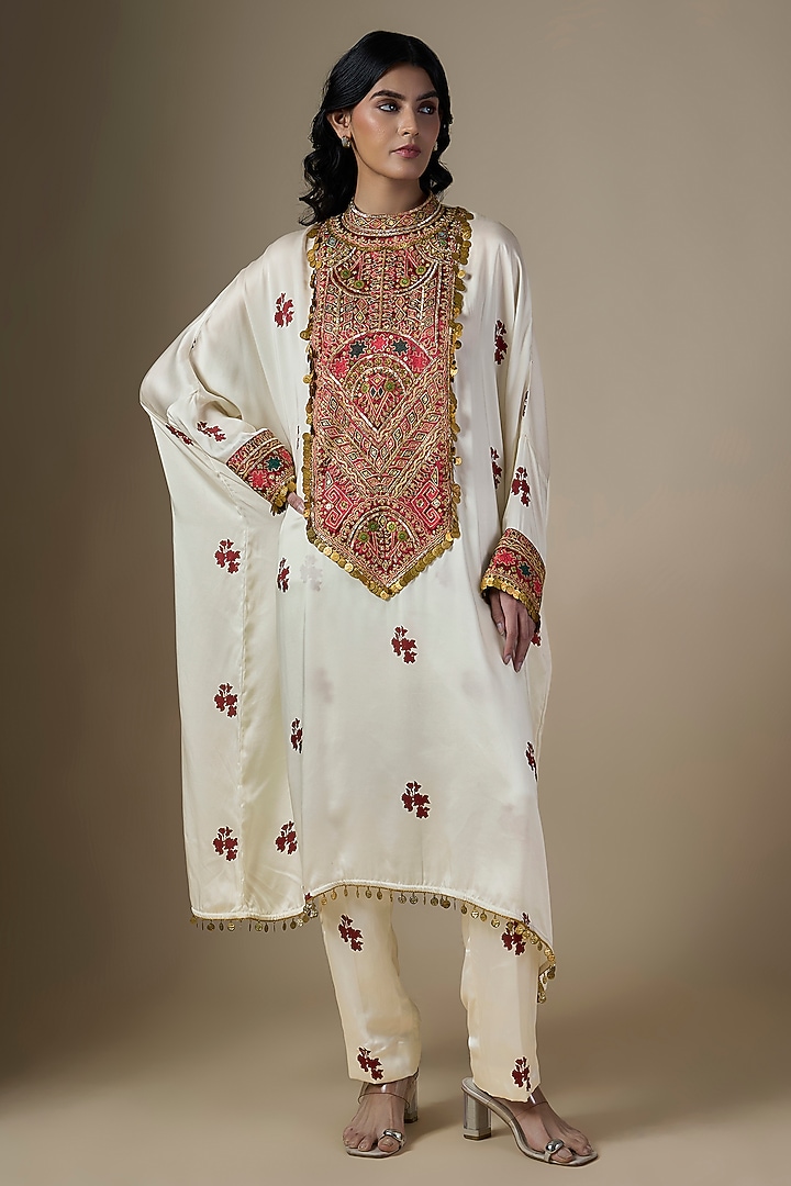 White Pure Satin Silk Printed & Embroidered Kaftan Set by Ranbir Mukherjee at Pernia's Pop Up Shop