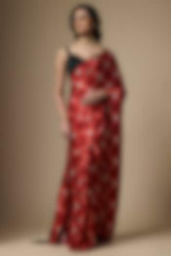 Red Pure Satin Silk Printed Party Wear Saree Set by Ranbir Mukherjee at Pernia's Pop Up Shop