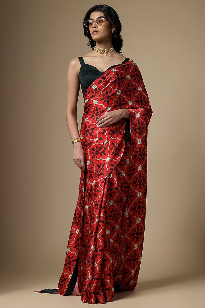 Red Pure Satin Silk Printed Party Wear Saree Set by Ranbir Mukherjee at Pernia's Pop Up Shop