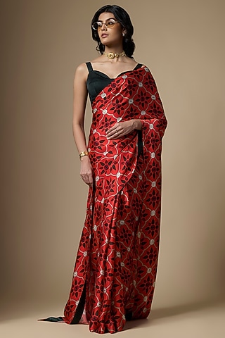 Red Pure Satin Silk Printed Saree Set by Ranbir Mukherjee