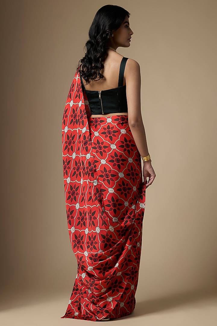 Red Pure Satin Silk Printed Festive Saree Set by Ranbir Mukherjee at Pernia's Pop Up Shop