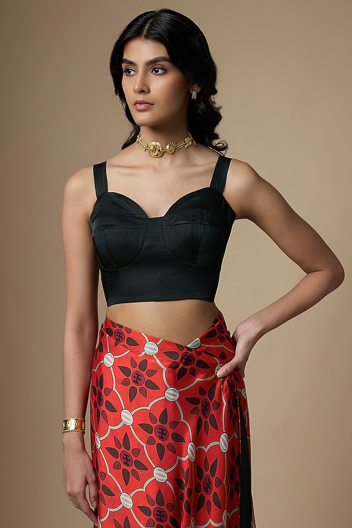 Red Pure Satin Silk Printed Festive Saree Set by Ranbir Mukherjee at Pernia's Pop Up Shop