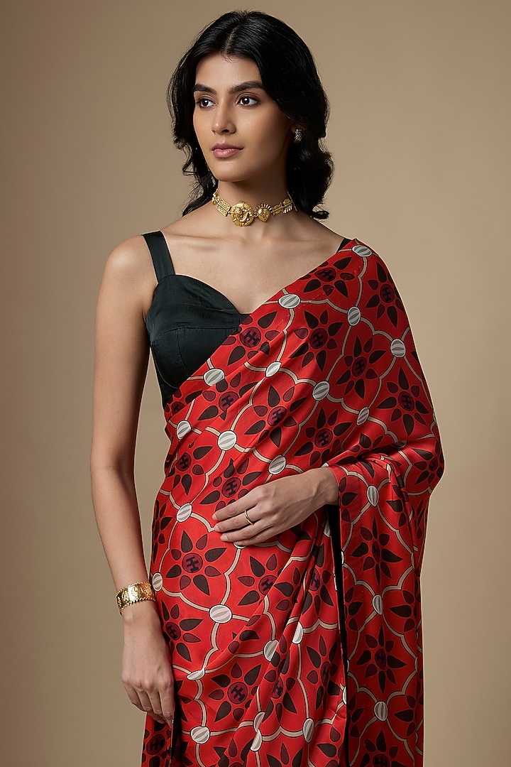 Red Pure Satin Silk Printed Festive Saree Set by Ranbir Mukherjee at Pernia's Pop Up Shop