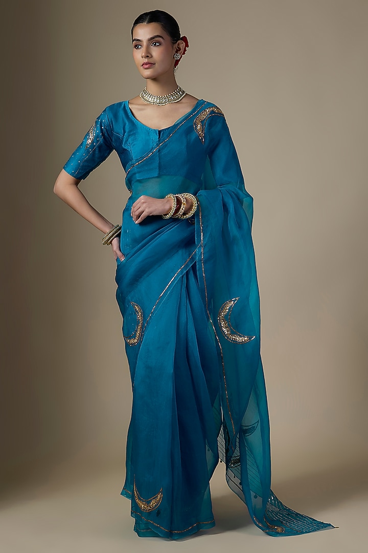 Peacock Blue Pure Silk Organza Embroidered Party Wear Saree Set by Ranbir Mukherjee at Pernia's Pop Up Shop