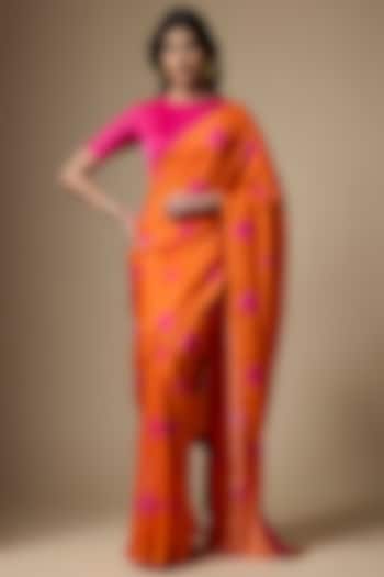 Orange & Pink Pure Habutai Silk Printed Party Wear Saree Set by Ranbir Mukherjee at Pernia's Pop Up Shop