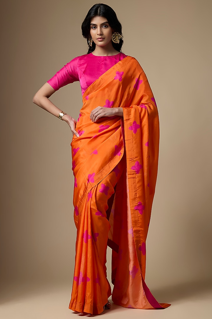 Orange & Pink Pure Habutai Silk Printed Party Wear Saree Set by Ranbir Mukherjee at Pernia's Pop Up Shop