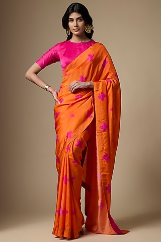 Orange & Pink Pure Habutai Silk Printed Saree Set by Ranbir Mukherjee
